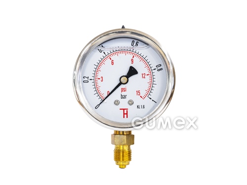 Glyzerin-Manometer mit Bodenauslass, 63mm, Außengewinde G 1/4", 0-1bar, -40°C/+60°C, 